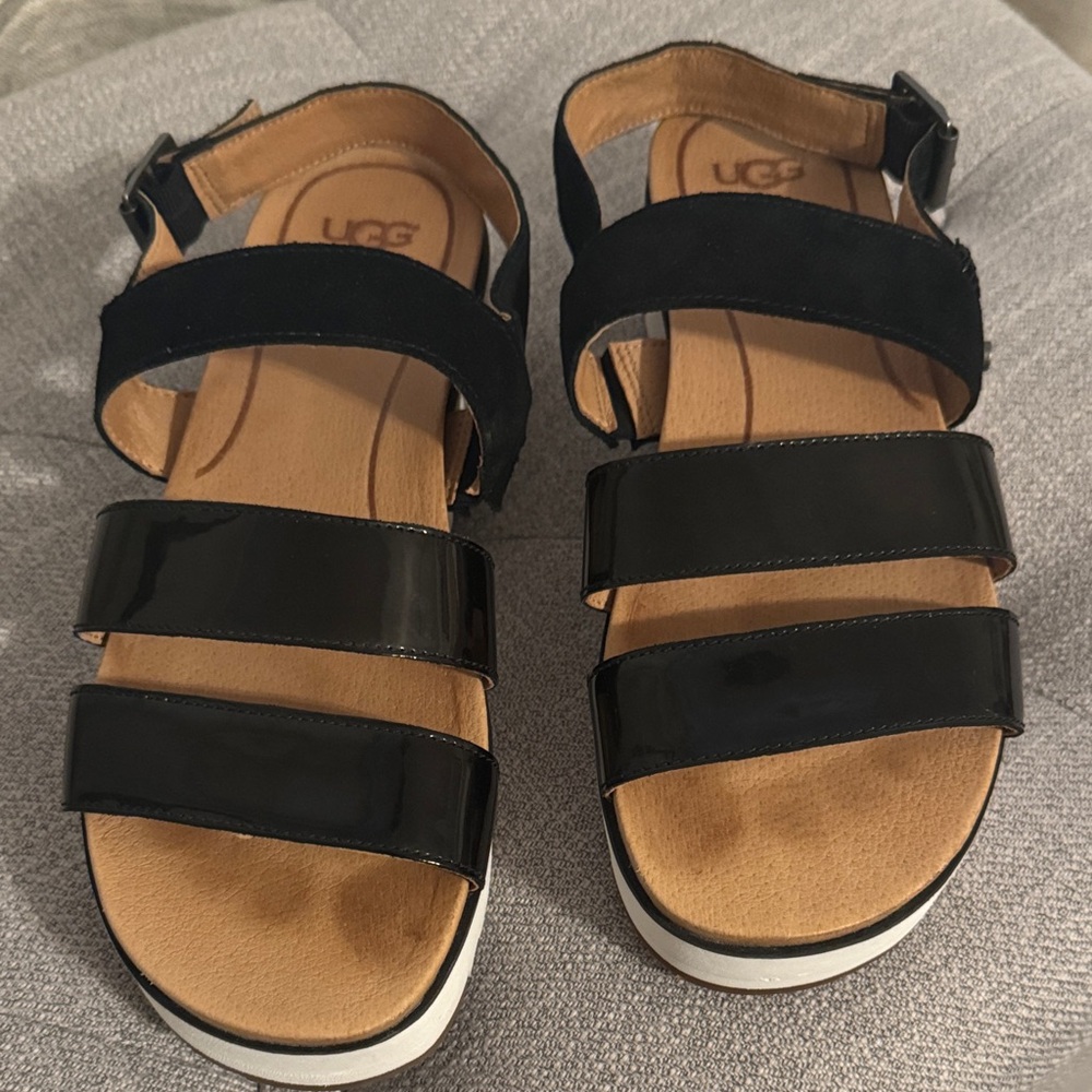 UGG Patent Leather Black and Tan Strappy Sandals
